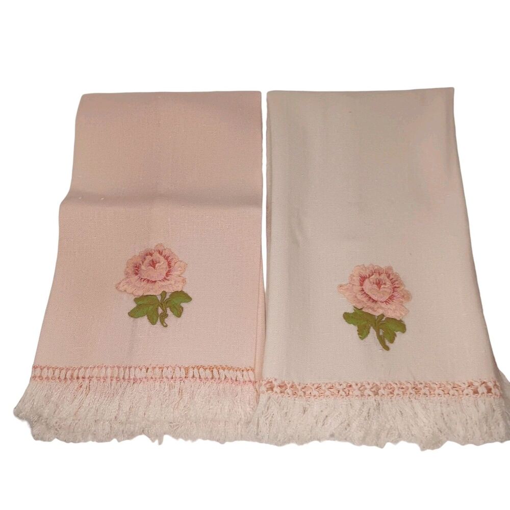 Pair of Vintage Pink Floral Applique Linen Hand Guest Towels Cottagecore 25 x 15